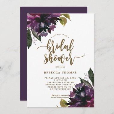 purple floral botanical bridal shower Invitations