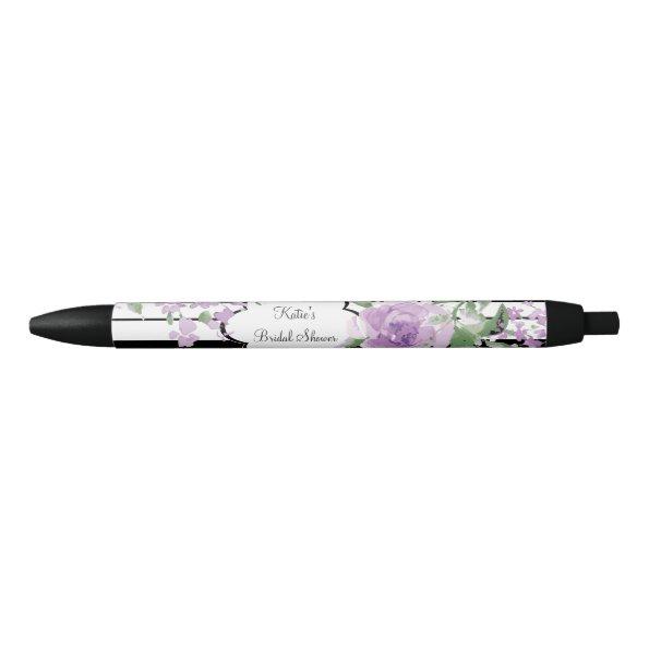 Purple Floral, Bridal Shower Black Ink Pen