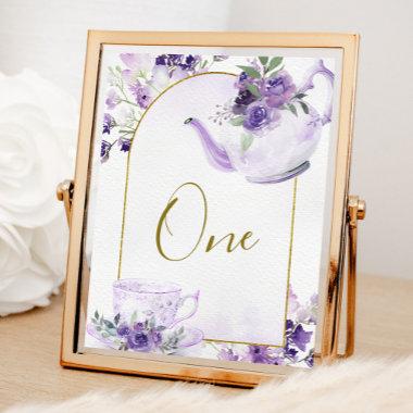 Purple Floral Bridal Shower Tea Party Table Number