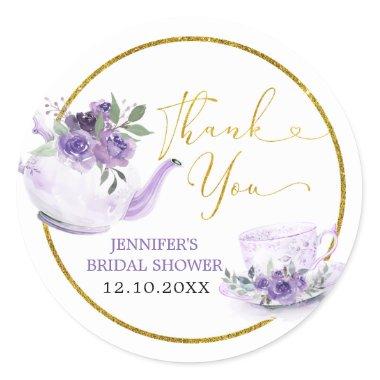 Purple Floral Bridal Shower Tea Thank You Sticker