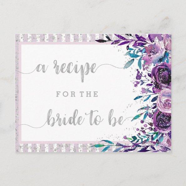 Purple Floral & Silver Bridal Shower Recipe Invitations