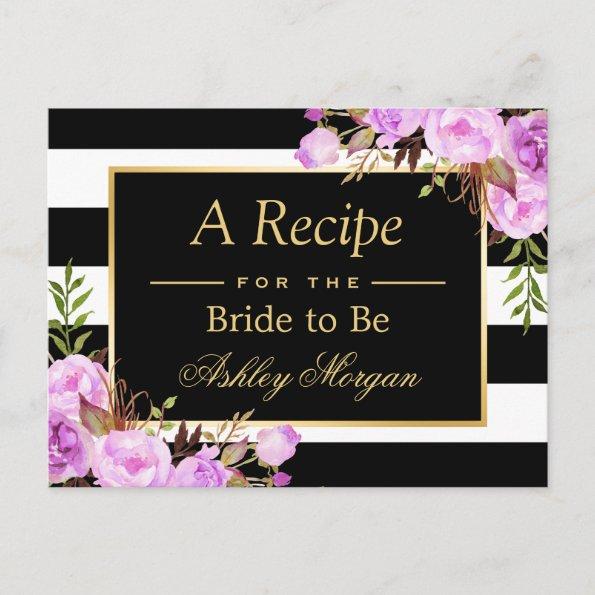 Purple Floral Stripes Bridal Shower Recipe Invitations