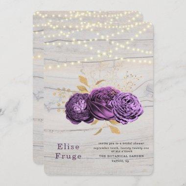 Purple Floral Wood Of String Lights Bridal Shower Invitations