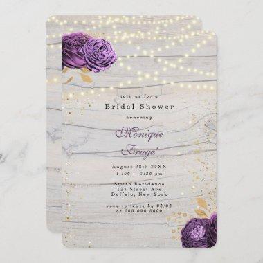 Purple Floral Wood String Of Lights Bridal Shower Invitations