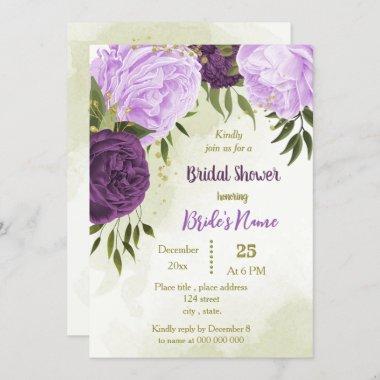 purple flowers green leaves bridal shower Invitations