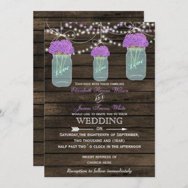 Purple Flowers Mason Jars Barn Wood Wedding Invitations