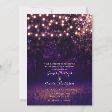 Purple Forest Sunset String Lights Rustic Wedding Invitations