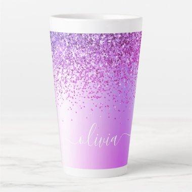 Purple Glitter Metal Monogram Name Latte Mug