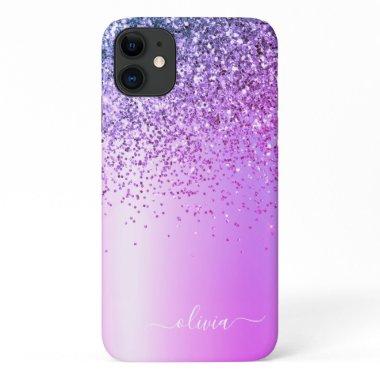 Purple Glitter Monogram Name Luxury Girly iPhone 11 Case