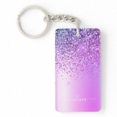 Purple Glitter Sparkle Glam Metal Monogram Name Keychain