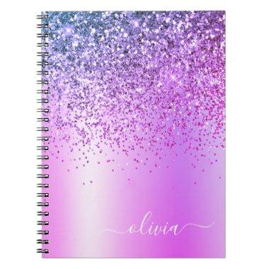 Purple Glitter Sparkle Glam Metal Monogram Name Notebook