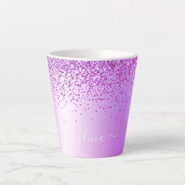 Purple Glitter Sparkle Metal Monogram Name Latte Mug
