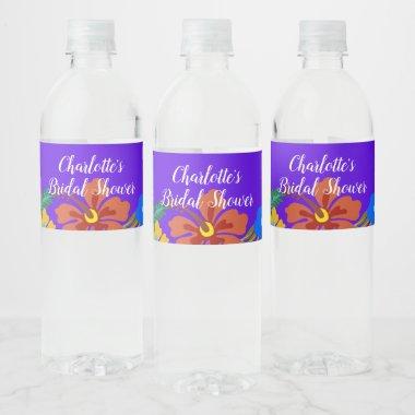 Purple Hibiscus Flowers Bridal Shower Water Bottle Label