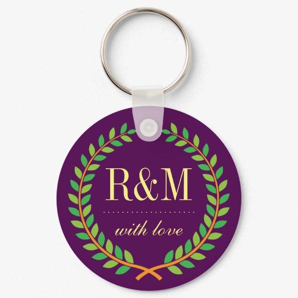 Purple Laurel Wreath Monogram Wedding Keychain