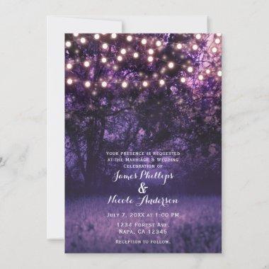 Purple Lavender Dusk Lights Forest Rustic Wedding Invitations