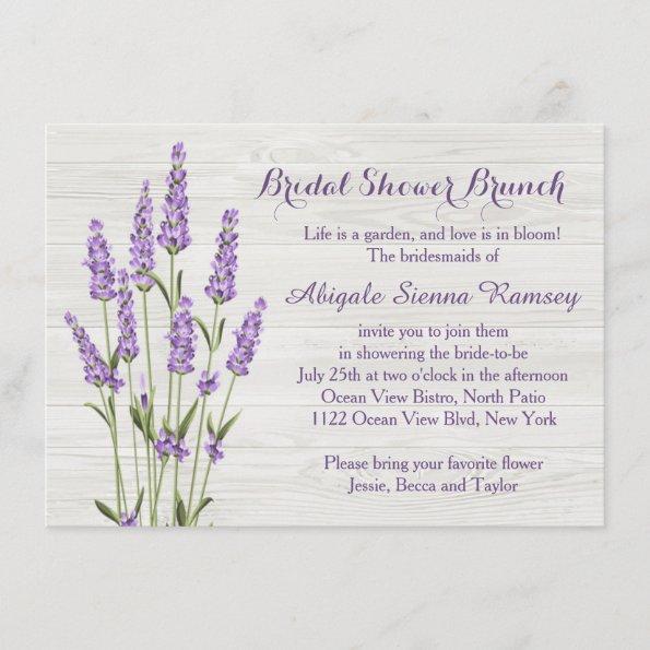 Purple lavender flowers on wood Bridal Shower Invitations