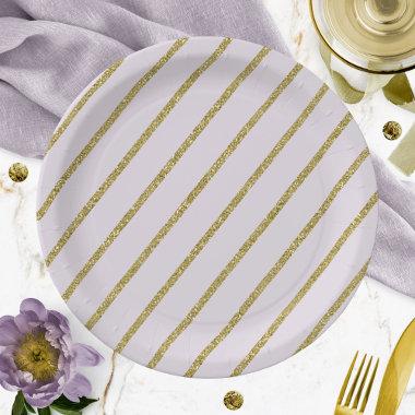 Purple Lavender Gold Glitter Stripe Pattern Paper Plates