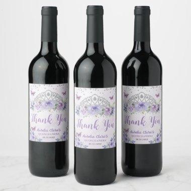 Purple Lilac Floral Princess Crown Quinceañera Wine Label