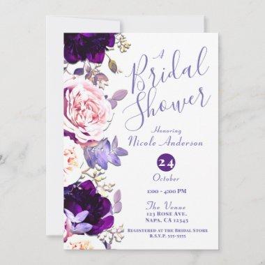 Purple Lilac Pink Rose Floral White Bridal Shower Invitations