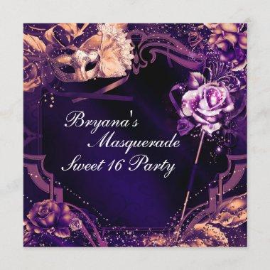 Purple Masquerade Mask & Rose Elegant Invitations