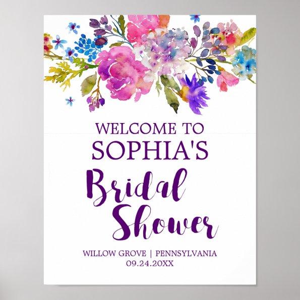 Purple Pink and Blue Flowers Bridal Shower Welcome Poster