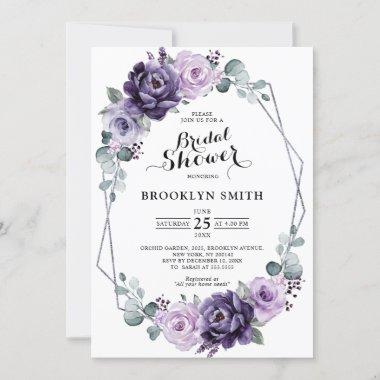 Purple Plum Silver Floral Geometric Bridal Shower Invitations