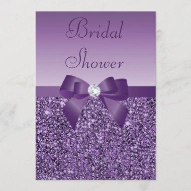 Purple Printed Sequins Bow & Diamond Bridal Shower Invitations