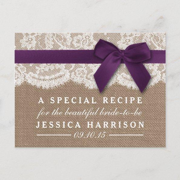 Purple Ribbon, Burlap & Lace Bridal Shower Recipe Invitation PostInvitations