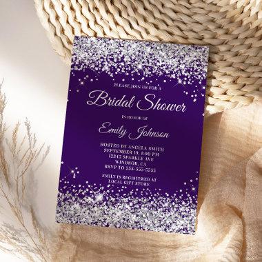 Purple Silver Glitter Bridal Shower Fancy Script Invitations