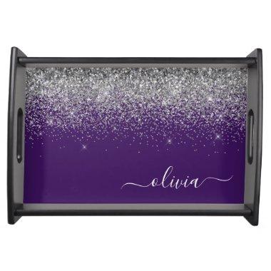 Purple Silver Glitter Girly Glam Monogram Serving Tray