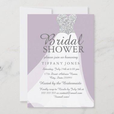 Purple Silver Glitter White Dress Bridal Shower Invitations