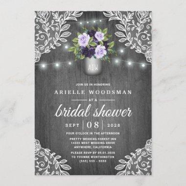 Purple Silver Gray Floral Rustic Bridal Shower Invitations