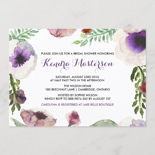 Purple Watercolor Anemone Bridal Shower Invitations