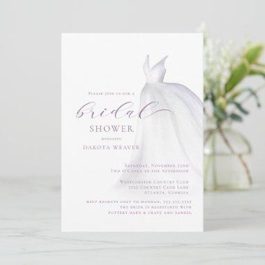 Purple Watercolor Wedding Dress Bridal Shower Invitations