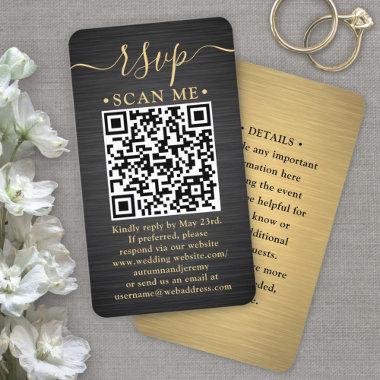QR RSVP & Details Brushed Black & Gold Wedding Enclosure Invitations