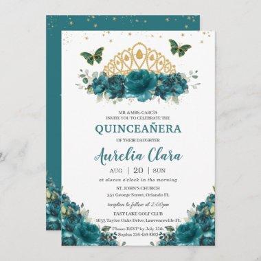 Quinceañera Teal Cyan Floral Butterflies Crown Invitations