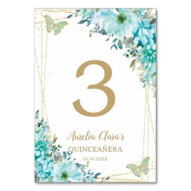 Quinceañera Turquoise Blue Floral Gold Butterflies Table Number