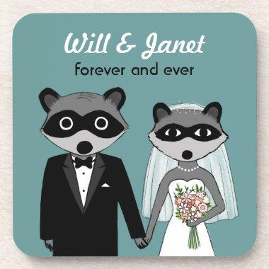 Raccoons Wedding Bride and Groom with Custom Text Drink Coaster