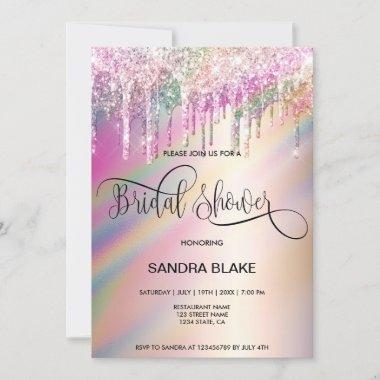 Rainbow Holographic Glitter Drips Bridal Shower In Invitations