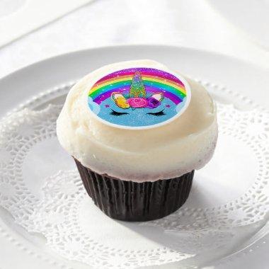Rainbow Sparkle Glittery Unicorn Horn Face Party Edible Frosting Rounds