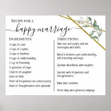 Recipe for a happy marriage newlywed greenery gold poster