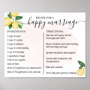 Recipe For A Happy Marriage Newlyweds Lemons Pink Poster