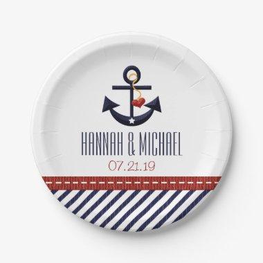 Red and Navy Blue Nautical Anchor Wedding Paper Plates