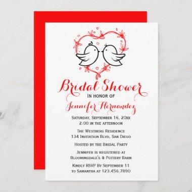 Red Bridal Shower Black Lovebirds & Heart Wedding Invitations