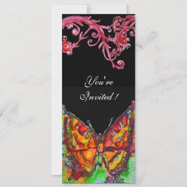 RED BUTTERFLY,FLORAL SWIRLS Gold Yellow Black Invitations