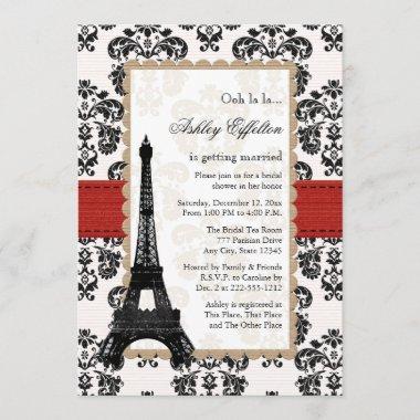 Red Eiffel Tower Parisian Bridal Shower Invitations
