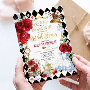 Red Floral Alice in Wonderland Bridal Shower Tea Invitations