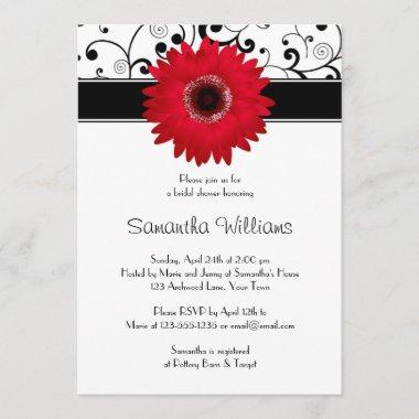 Red Gerbera Daisy Black Scroll Bridal Shower Invitations