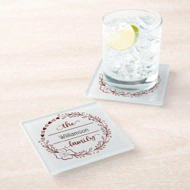 Red Gray Monogram Family Name Floral Wreath Glass Coaster