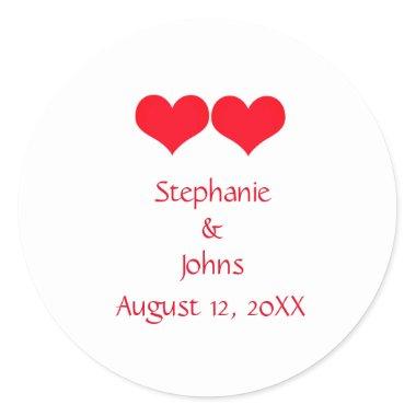 Red Hearts Cute Couple Wedding Engagement Romantic Classic Round Sticker